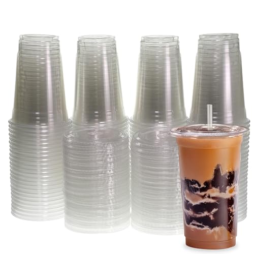 Freshware Clear Plastic Cups with Flat Lids and Straws 100 Cups 20 oz Disposable Tumblers for Iced Coffee Smoothie Milkshake Cold Drinks - Image 1
